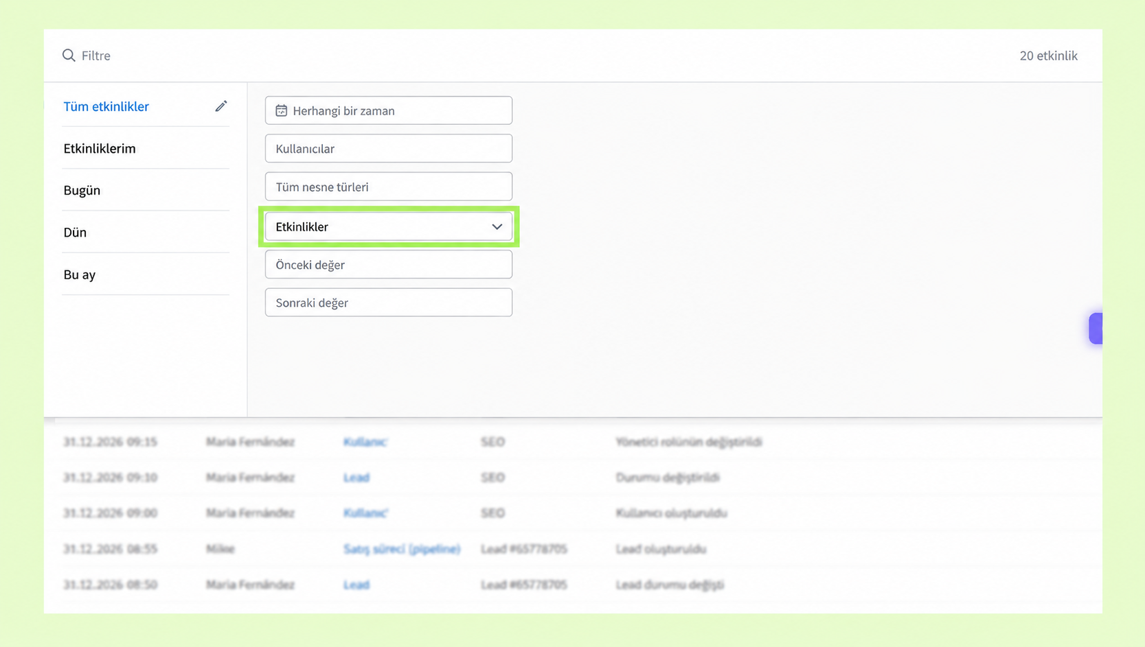 User interface displaying event filters and user activity logs in a dashboard.